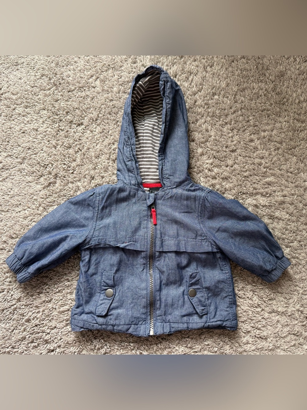 Infant Denim-Look Hooded Jacket with Striped Lining